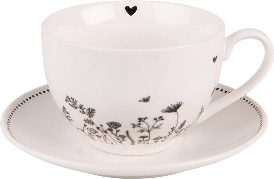 Clayre & Eef Kop en schotel 200 ml Beige Zwart Porselein Bloemen Servies Beige Servies