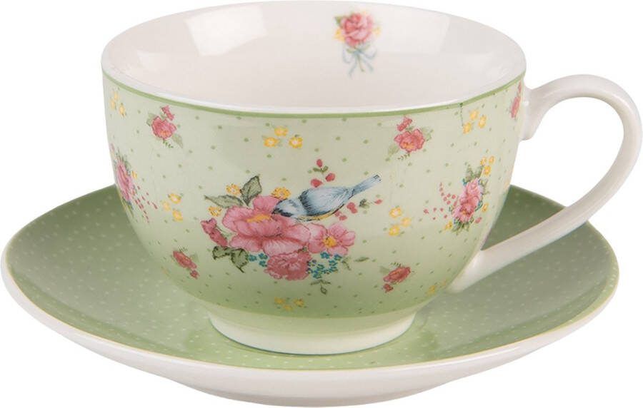 Clayre & Eef Kop en schotel 200 ml Groen Beige Porselein Bloemen Servies Groen Servies