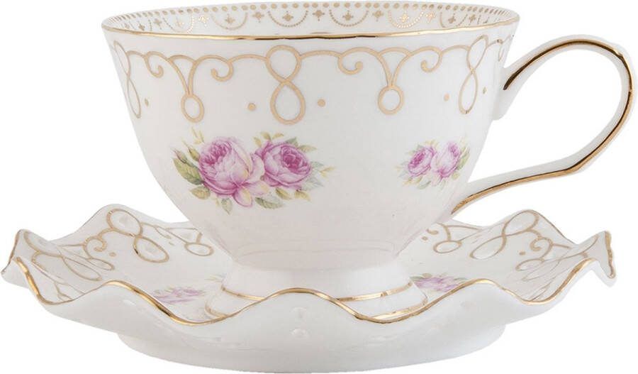 Clayre & Eef Kop en schotel 200 ml Wit Goudkleurig Porselein Rond Bloemen Servies