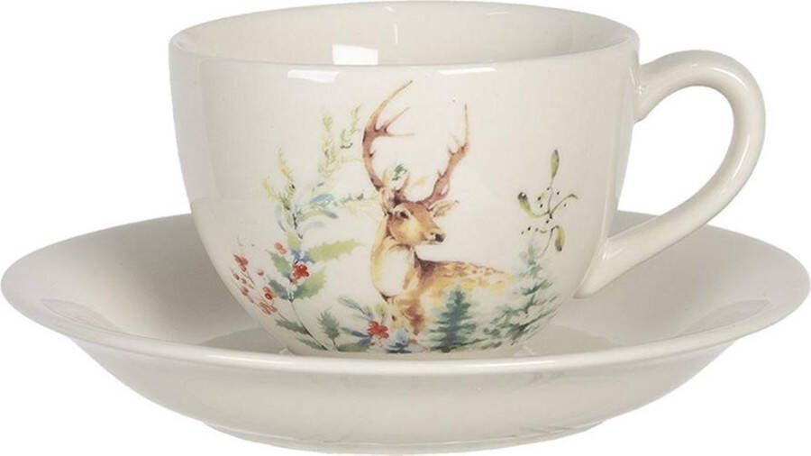Clayre & Eef Kop en schotel 200 ml Wit Keramiek Rond Hert Servies
