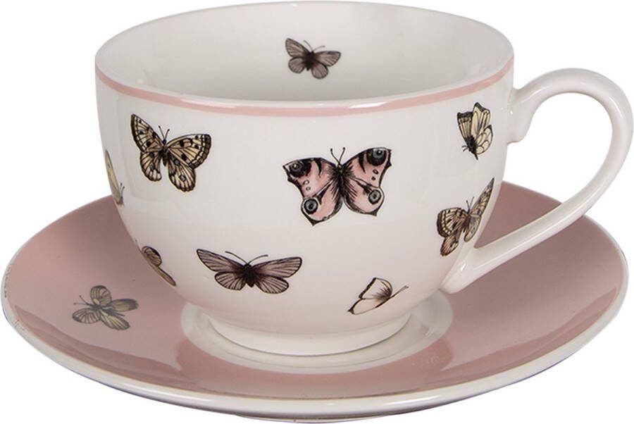 Clayre & Eef Kop en Schotel 200 ml Wit Roze Porselein Vlinders Servies Wit Servies