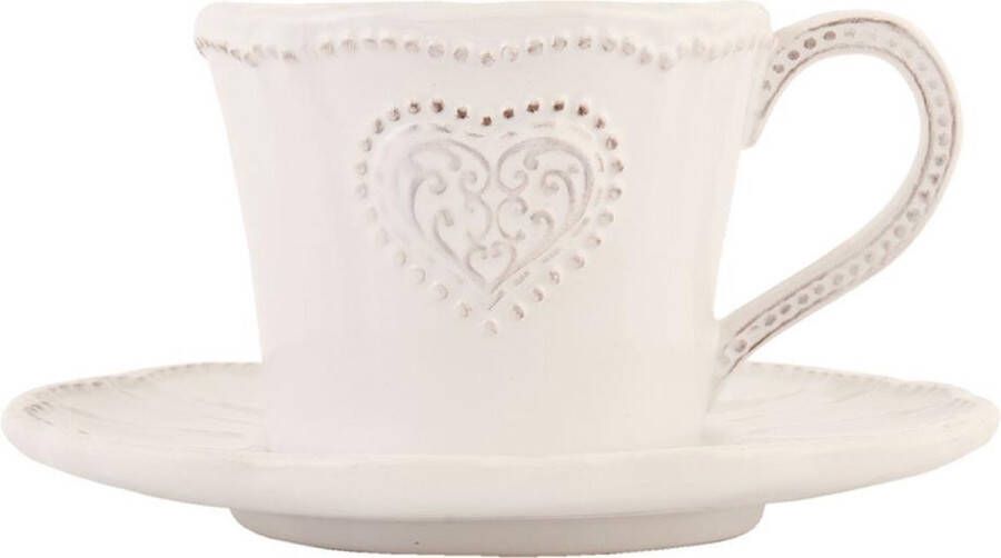 Clayre & Eef Kop en schotel 220 ml Beige Keramiek Rond Hart Servies Cadeau voor haar Cappuccino