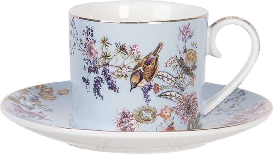 Clayre & Eef Kop en schotel 220 ml Blauw Porselein Rond Bloemen Servies