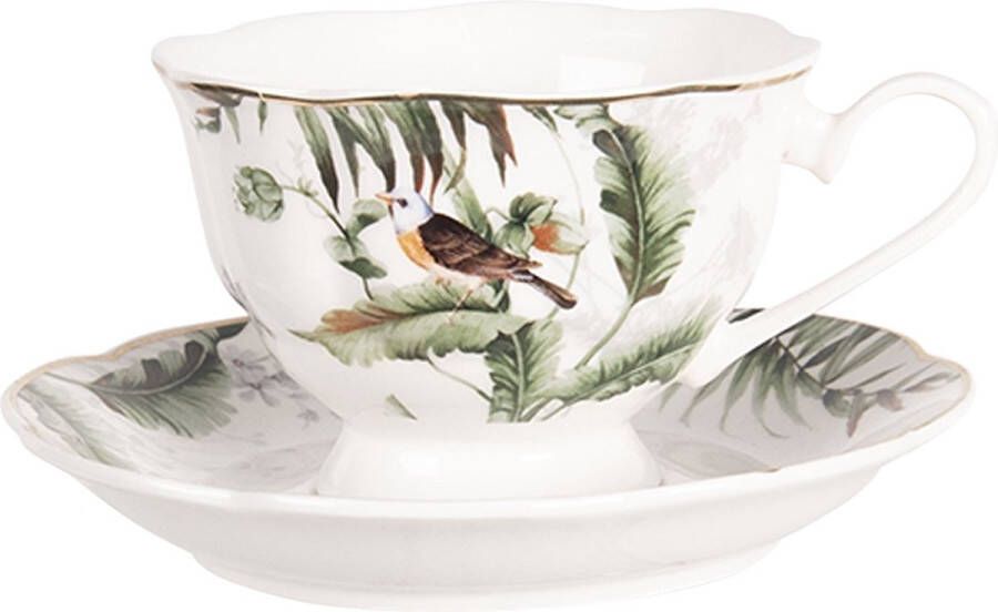 Clayre & Eef Kop en schotel 220 ml Wit Groen Porselein Vogels Servies Wit Servies