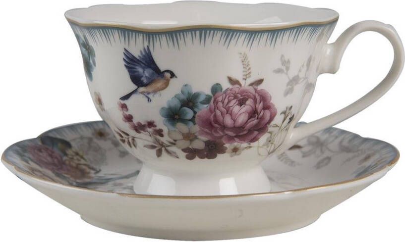 Clayre & Eef Kop en schotel 220 ml Wit Roze Porselein Rond Bloemen Servies