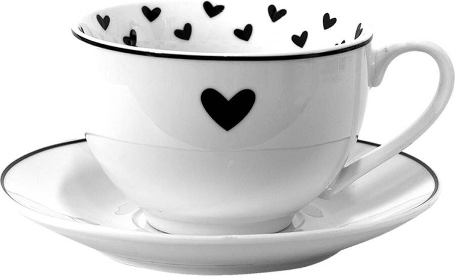 Clayre & Eef Kop en schotel 220 ml Wit Zwart Porselein Harten Servies