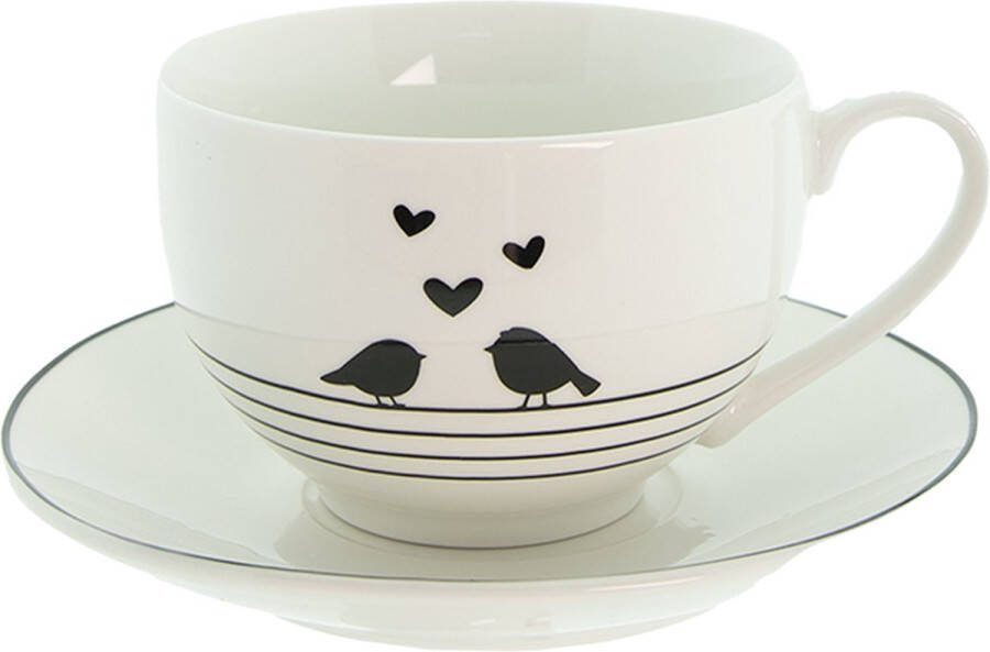 Clayre & Eef Kop en schotel 220 ml Wit Zwart Porselein Harten Vogels Servies