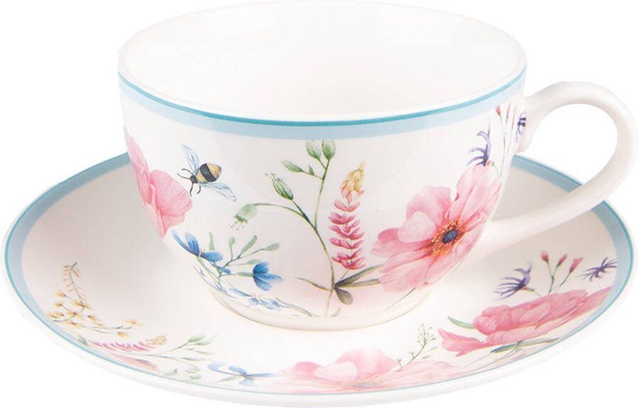 Clayre & Eef Kop en schotel 230 ml Wit Roze Porselein Bloemen Servies Wit Servies
