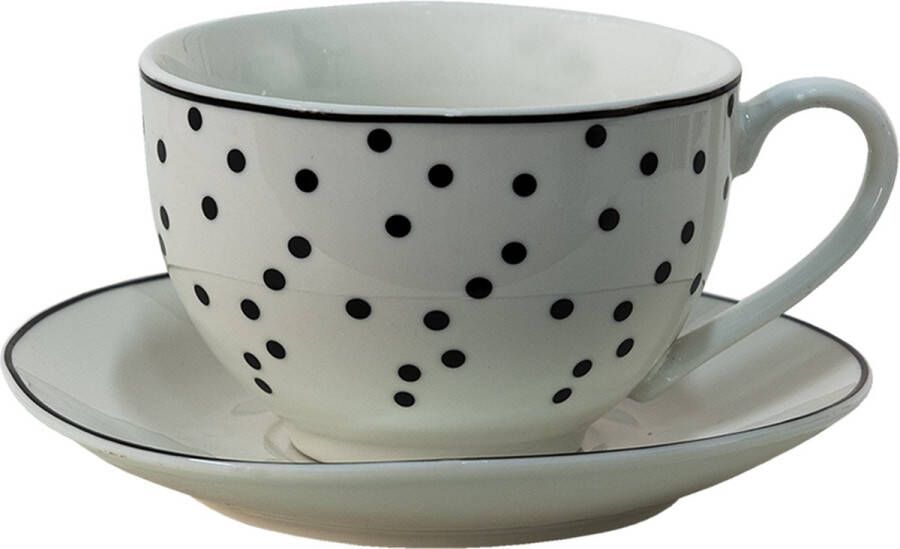 Clayre & Eef Kop en schotel 238 ml Wit Zwart Porselein Servies