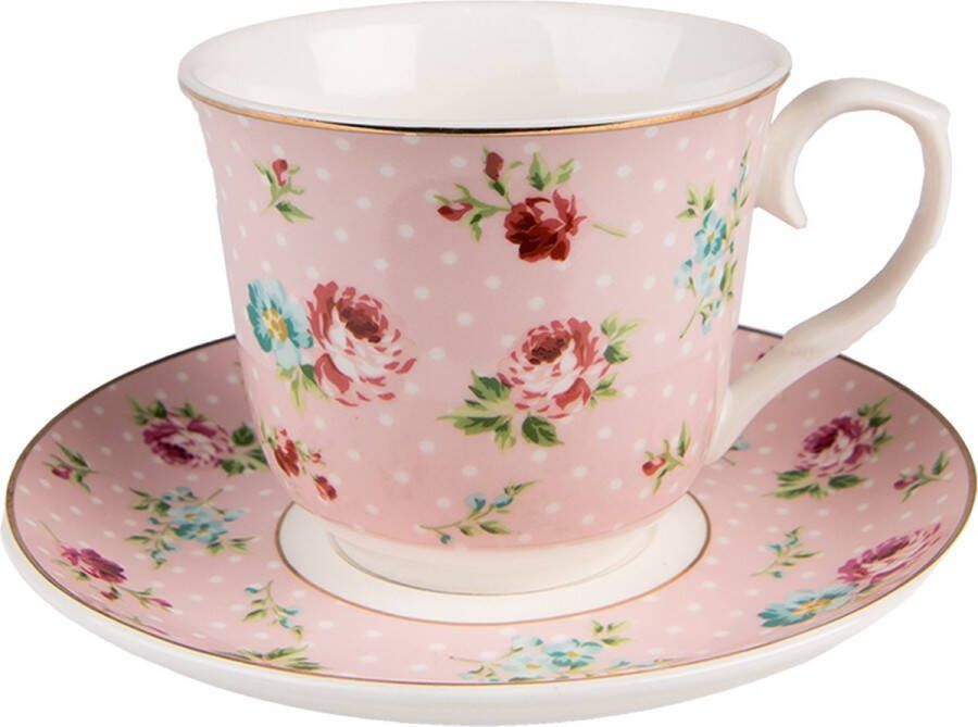 Clayre & Eef Kop en schotel 250 ml Roze Porselein Bloemen Servies Roze Servies
