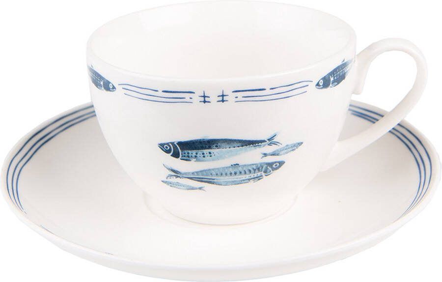 Clayre & Eef Kop en schotel 250 ml Wit Blauw Porselein Vissen Servies Wit Servies