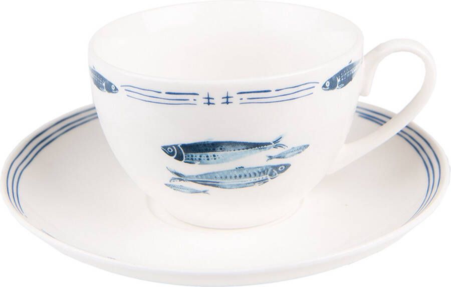 Clayre & Eef Kop en schotel 250 ml Wit Blauw Porselein Vissen Servies Cadeau voor haar Cappuccino