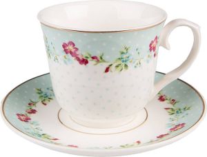 Clayre & Eef Kop en schotel 250 ml Wit Groen Porselein Bloemen Servies Cadeau voor haar Cappuccino Wit Servies Cadeau