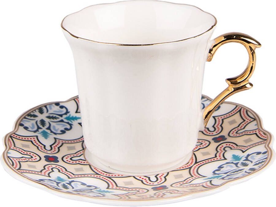 Clayre & Eef Kop en schotel 95 ml Wit Beige Porselein Servies Cadeau voor haar Cappuccino