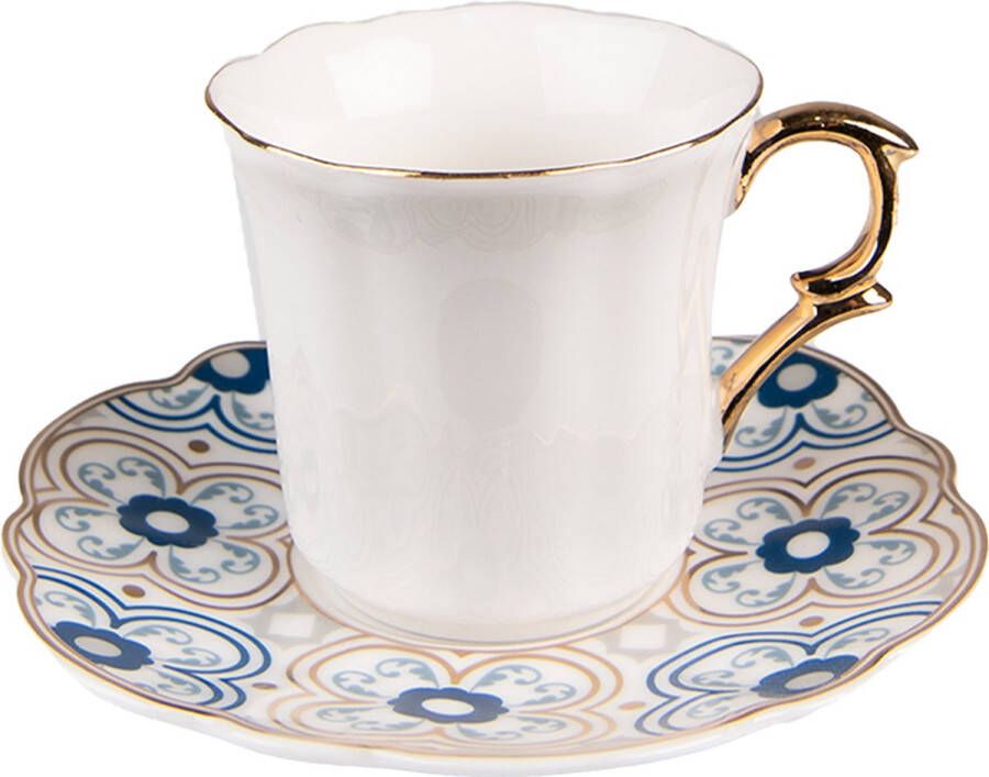 Clayre & Eef Kop en schotel 95 ml Wit Blauw Porselein Servies Cadeau voor haar Cappuccino