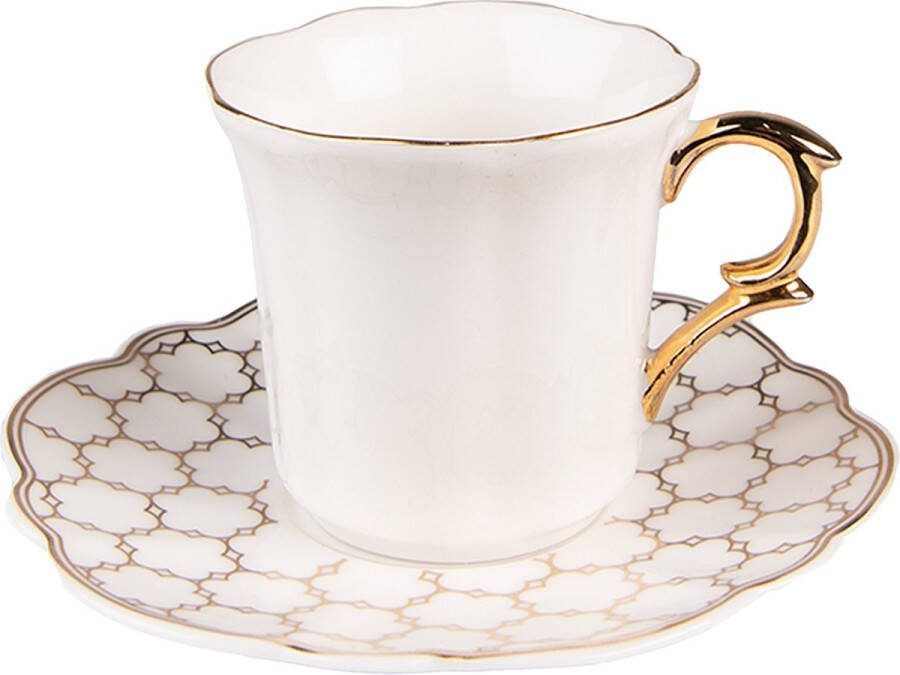 Clayre & Eef Kop en schotel 95 ml Wit Goudkleurig Porselein Servies Wit Servies