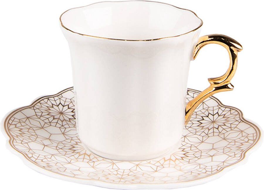 Clayre & Eef Kop en schotel 95 ml Wit Goudkleurig Porselein Servies Wit Servies