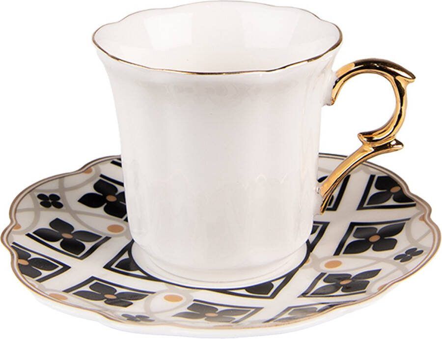 Clayre & Eef Kop en schotel 95 ml Wit Zwart Porselein Servies Wit Servies