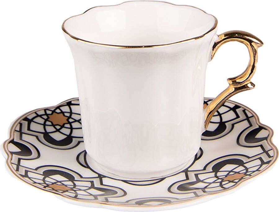 Clayre & Eef Kop en schotel 95 ml Wit Zwart Porselein Servies Cadeau voor haar Cappuccino