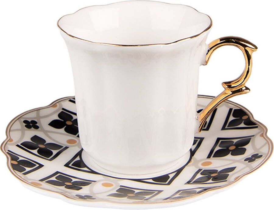 Clayre & Eef Kop en schotel 95 ml Wit Zwart Porselein Servies Cadeau voor haar Cappuccino