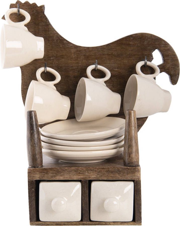 Clayre & Eef Kop en schotel Set van 4 22x15x31 cm Beige Bruin Keramiek Kip Servies Cadeau voor haar Cappuccino