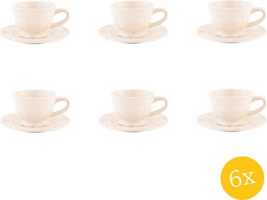Clayre & Eef Kop en schotel set van 6 stuks schotel 150 ml Beige Keramiek Rond Servies