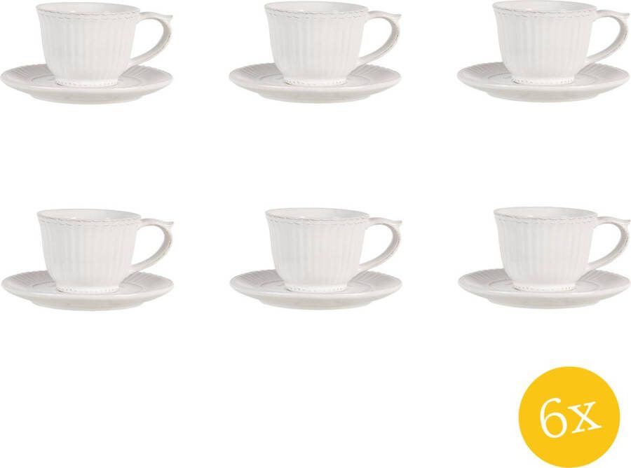 Clayre & Eef Kop en schotel set van 6 stuks schotel 150 ml Wit Dolomiet Rond Servies