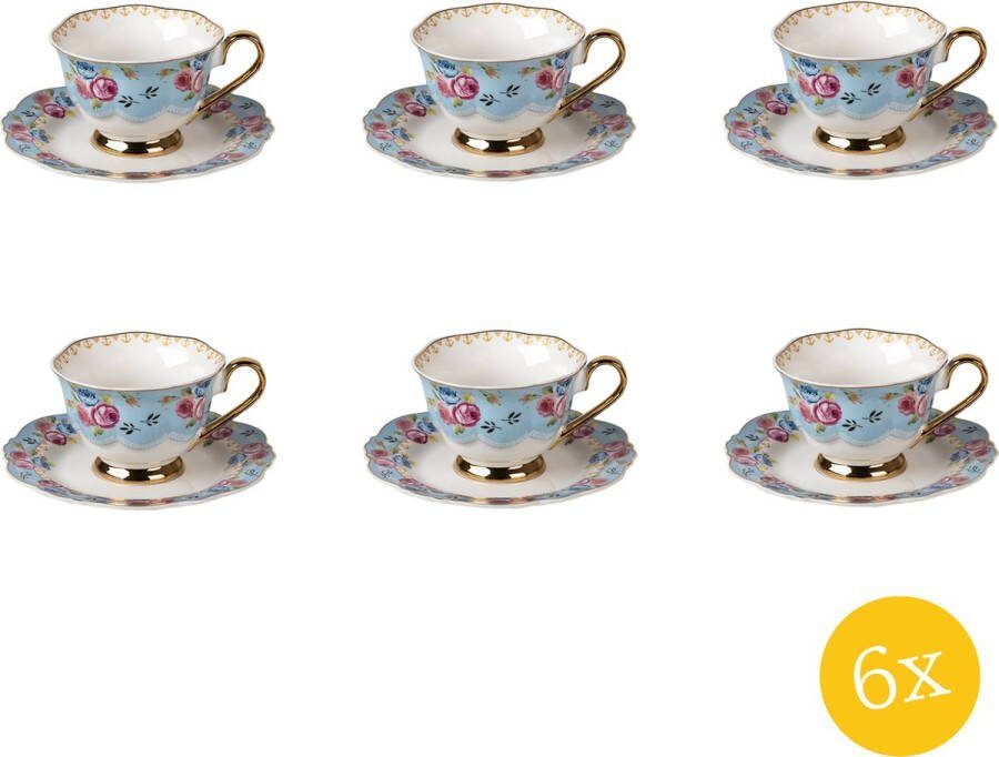 Clayre & Eef Kop en schotel set van 6 stuks schotel 160 ml Blauw Wit Porselein Rond Bloemen Servies