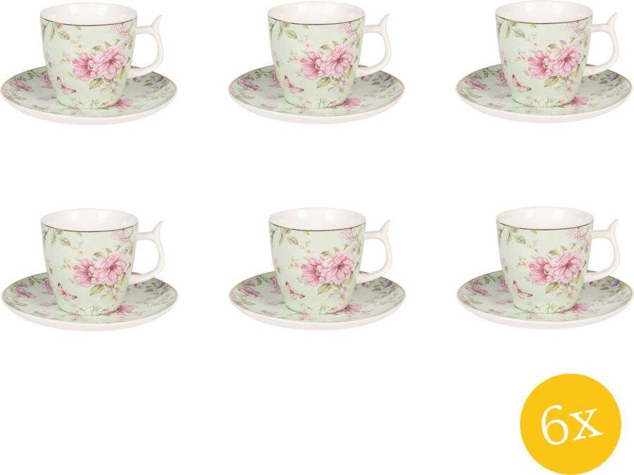 Clayre & Eef Kop en schotel set van 6 stuks schotel 160 ml Groen Roze Porselein Bloemen Servies