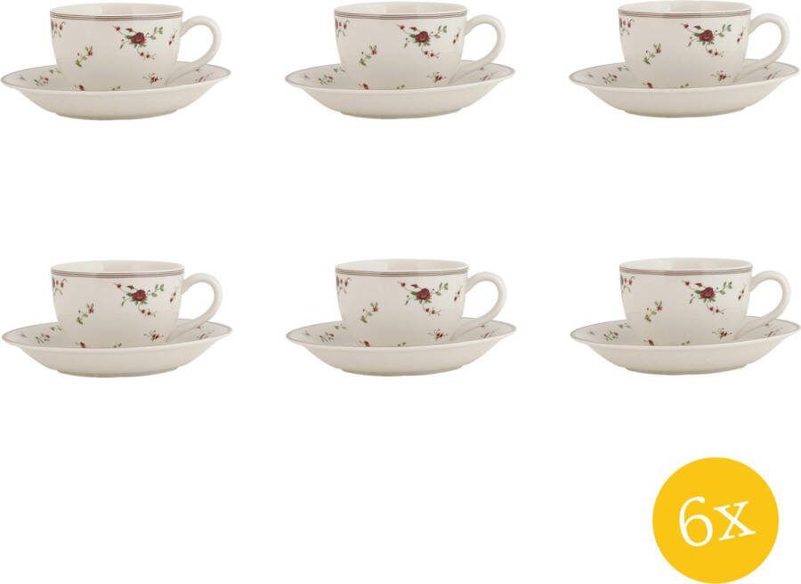 Clayre & Eef Kop en schotel set van 6 stuks schotel 200 ml Beige Keramiek Rond Bloemen Servies