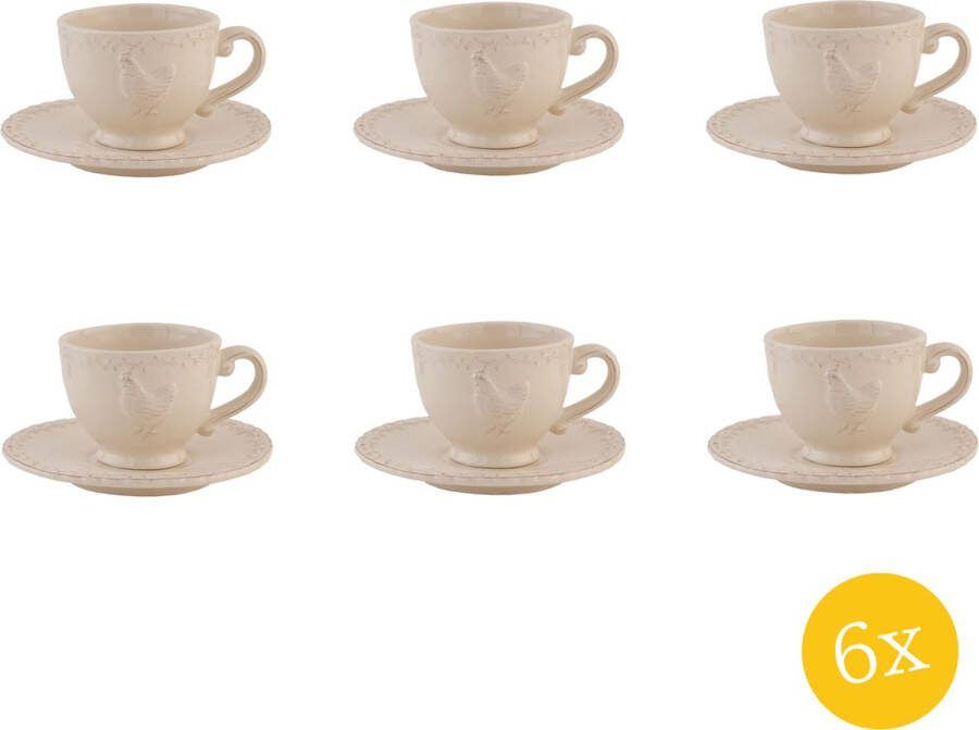 Clayre & Eef Kop en schotel set van 6 stuks schotel 200 ml Beige Keramiek Rond Kip Servies