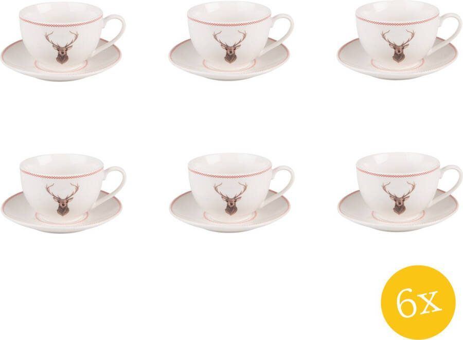 Clayre & Eef Kop en schotel set van 6 stuks schotel 200 ml Beige Porselein Hert Servies