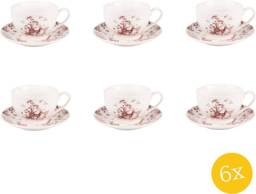 Clayre & Eef Kop en schotel set van 6 stuks schotel 200 ml Beige Rood Porselein Rendieren en bomen Servies
