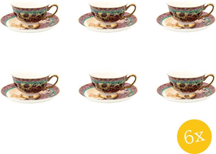 Clayre & Eef Kop en schotel set van 6 stuks schotel 200 ml Paars Porselein Vlinder Servies