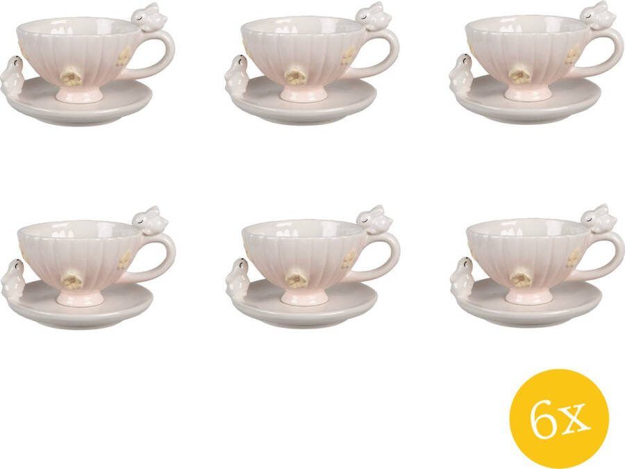 Clayre & Eef Kop en Schotel set van 6 stuks Schotel 200 ml Roze Keramiek Konijn