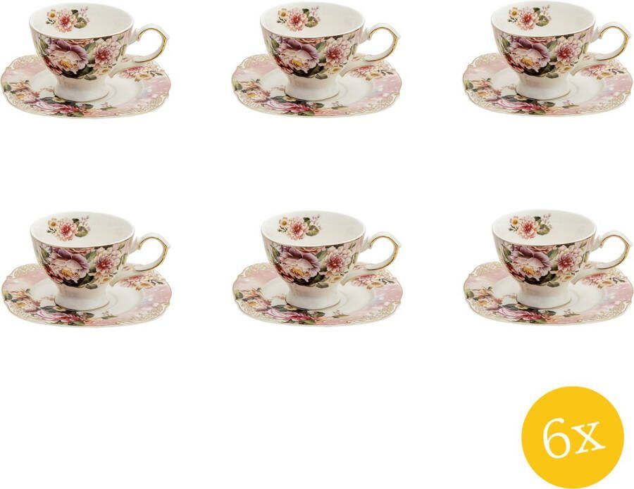 Clayre & Eef Kop en schotel set van 6 stuks schotel 200 ml Roze Porselein Rond Servies
