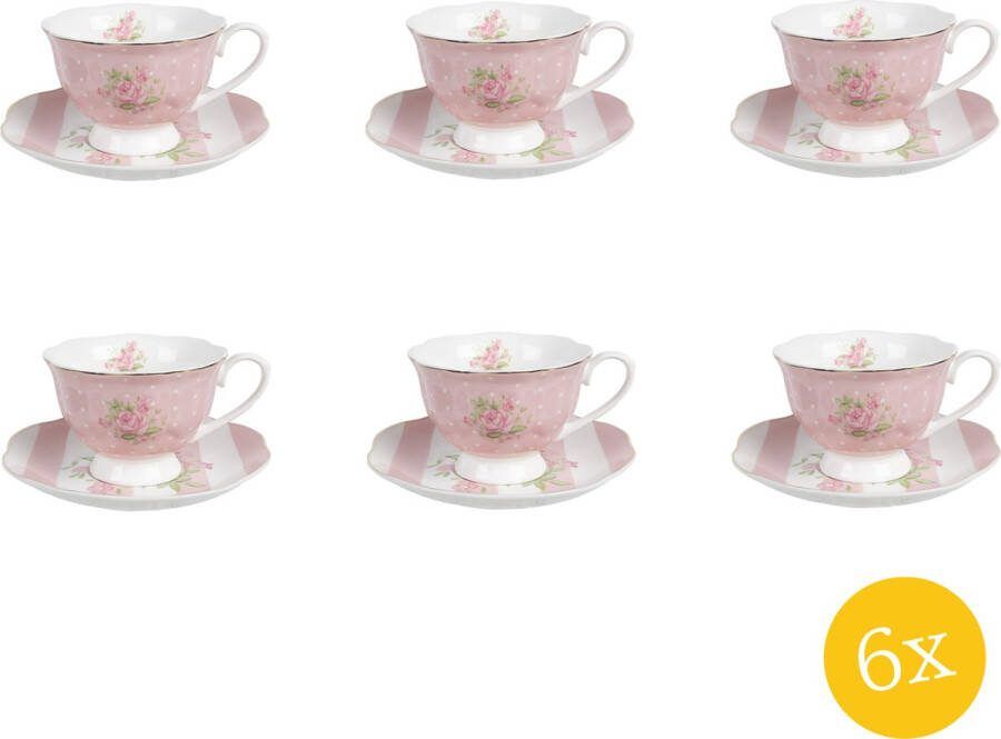 Clayre & Eef Kop en schotel set van 6 stuks schotel 200 ml Roze Wit Porselein Rozen