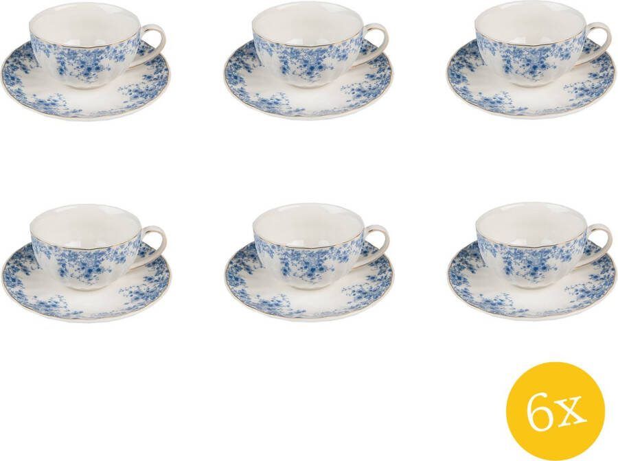 Clayre & Eef Kop en schotel set van 6 stuks schotel 200 ml Wit Blauw Porselein Bloemen Servies