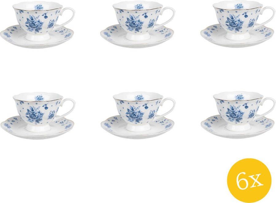 Clayre & Eef Kop en schotel set van 6 stuks schotel 200 ml Wit Blauw Porselein Roosjes