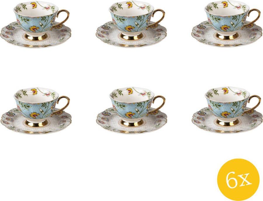 Clayre & Eef Kop en schotel set van 6 stuks schotel 200 ml Wit Blauw Porselein Servies