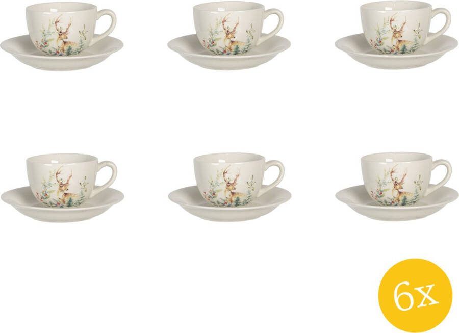 Clayre & Eef Kop en schotel set van 6 stuks schotel 200 ml Wit Keramiek Rond Hert Servies