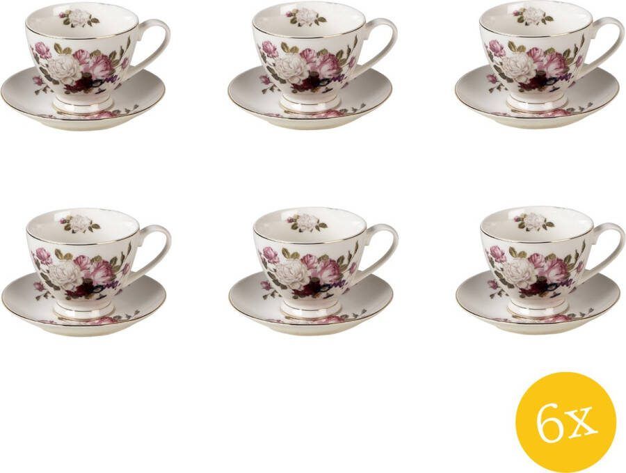 Clayre & Eef Kop en schotel set van 6 stuks schotel 200 ml Wit Porselein Rond Bloemen Servies