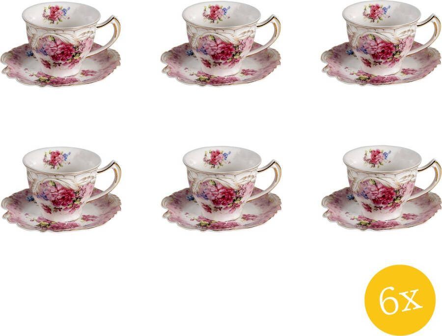 Clayre & Eef Kop en schotel set van 6 stuks schotel 200 ml Wit Roze Porselein Rond Bloemen Servies
