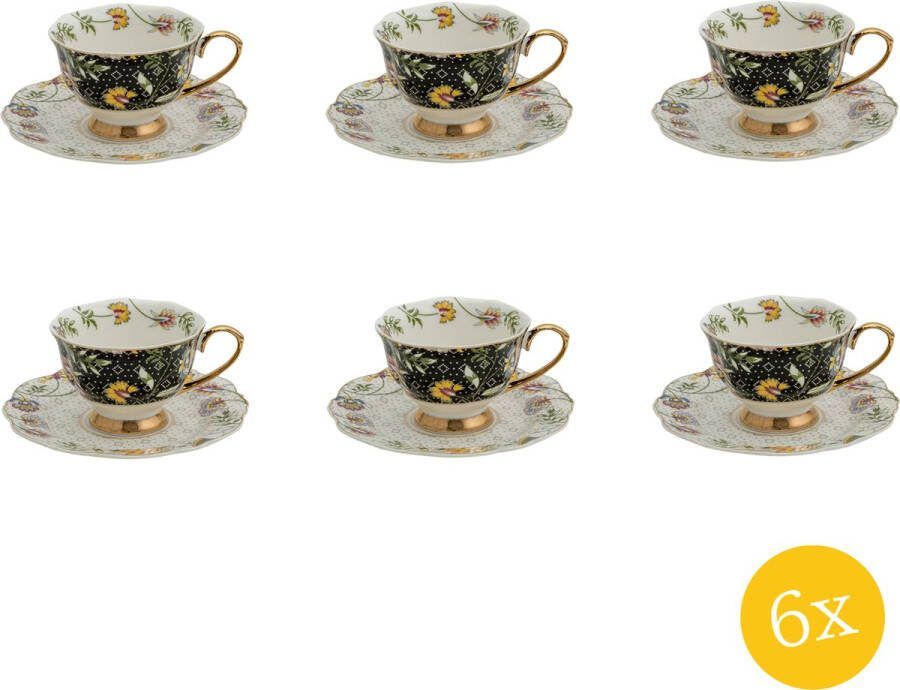 Clayre & Eef Kop en schotel set van 6 stuks schotel 200 ml Wit Zwart Porselein Rond Bloemen Servies