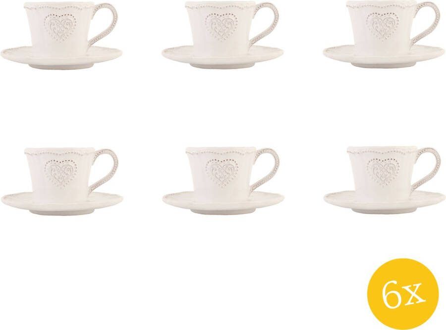 Clayre & Eef Kop en schotel set van 6 stuks schotel 220 ml Beige Keramiek Rond Hart Servies