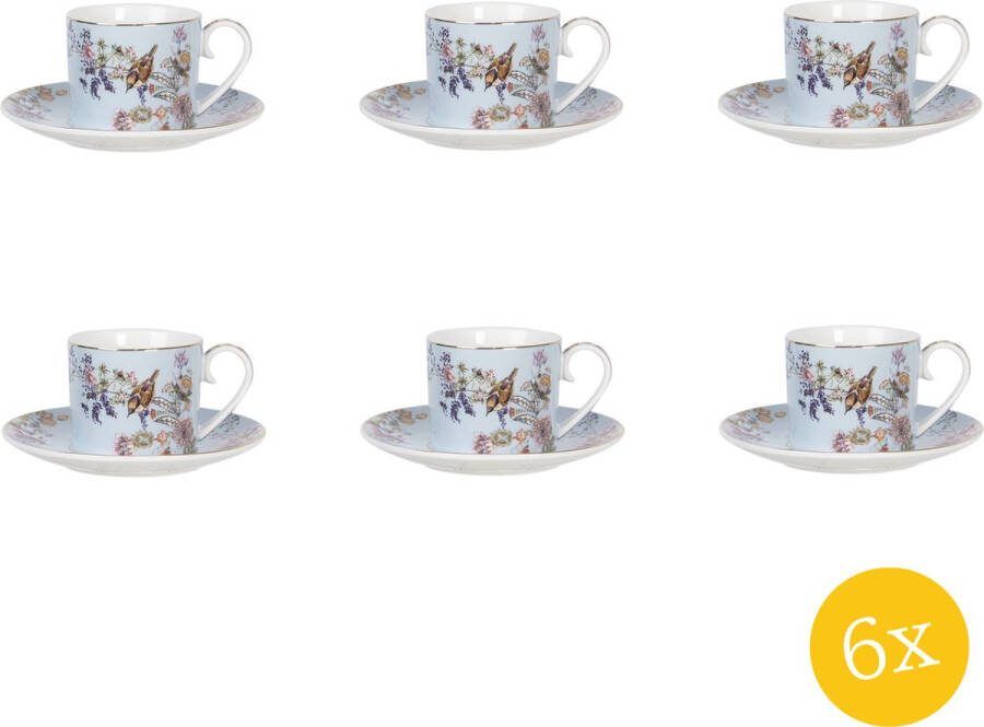 Clayre & Eef Kop en schotel set van 6 stuks schotel 220 ml Blauw Porselein Rond Bloemen Servies