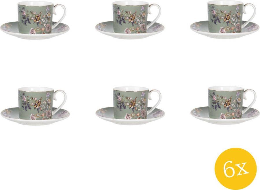 Clayre & Eef Kop en schotel set van 6 stuks schotel 220 ml Groen Porselein Rond Bloemen Servies