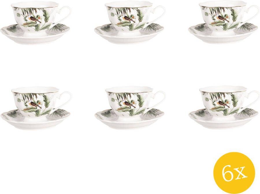 Clayre & Eef Kop en schotel set van 6 stuks schotel 220 ml Wit Groen Porselein Vogels Servies
