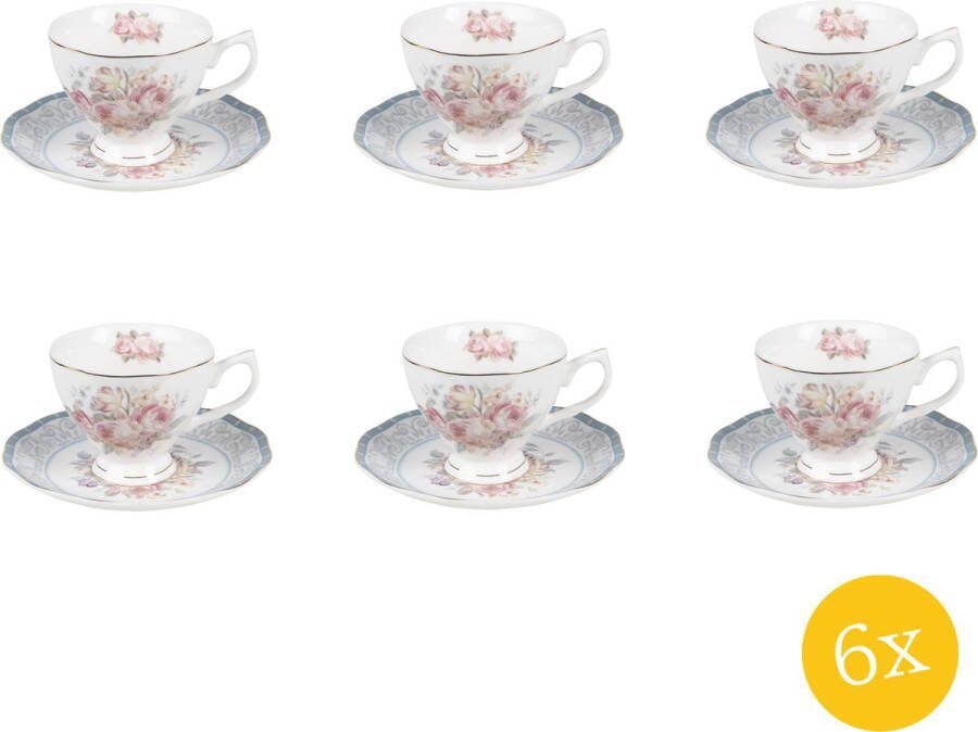 Clayre & Eef Kop en schotel set van 6 stuks schotel 220 ml Wit Porselein Bloemen Servies