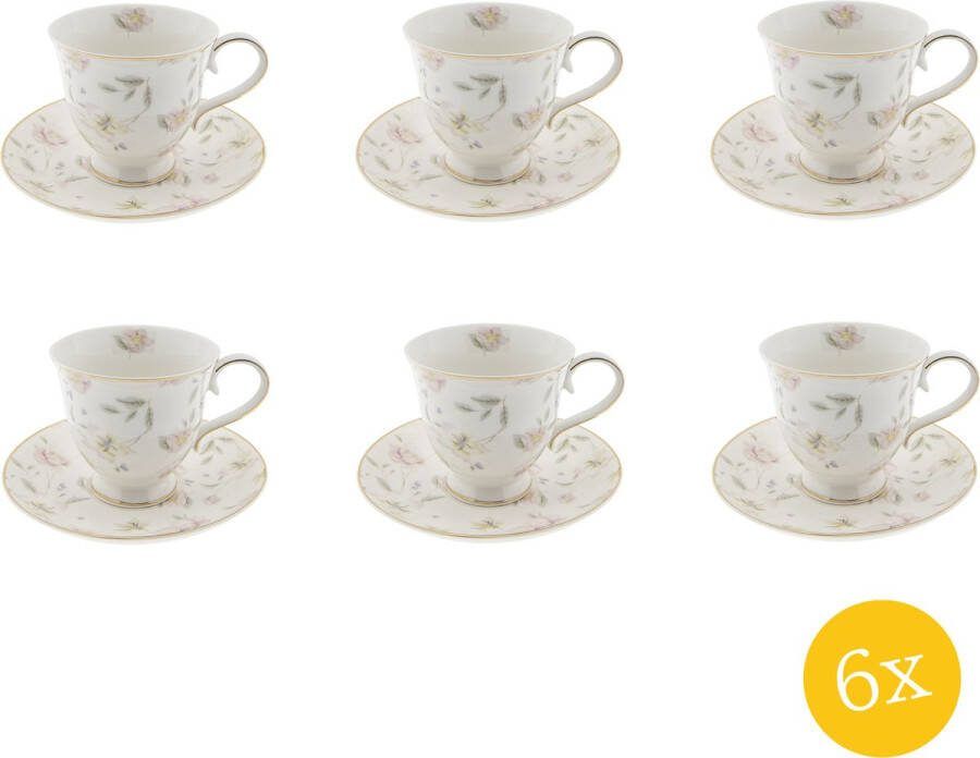 Clayre & Eef Kop en schotel set van 6 stuks schotel 220 ml Wit Roze Porselein Rond Bloemen Servies